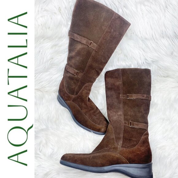 AQUATALIA SUEDE LEATHER KNEE BOOTS LOW WEDGE CHOCOLATE BROWN, Size 38 - Picture 4 of 14
